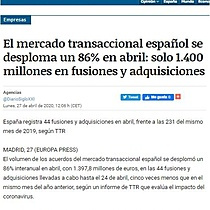 El mercado transaccional espaol se desploma un 86% en abril: solo 1.400 millones en fusiones y adquisiciones